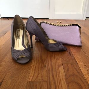 Steve Madden lavender open toe pumps, clutch.